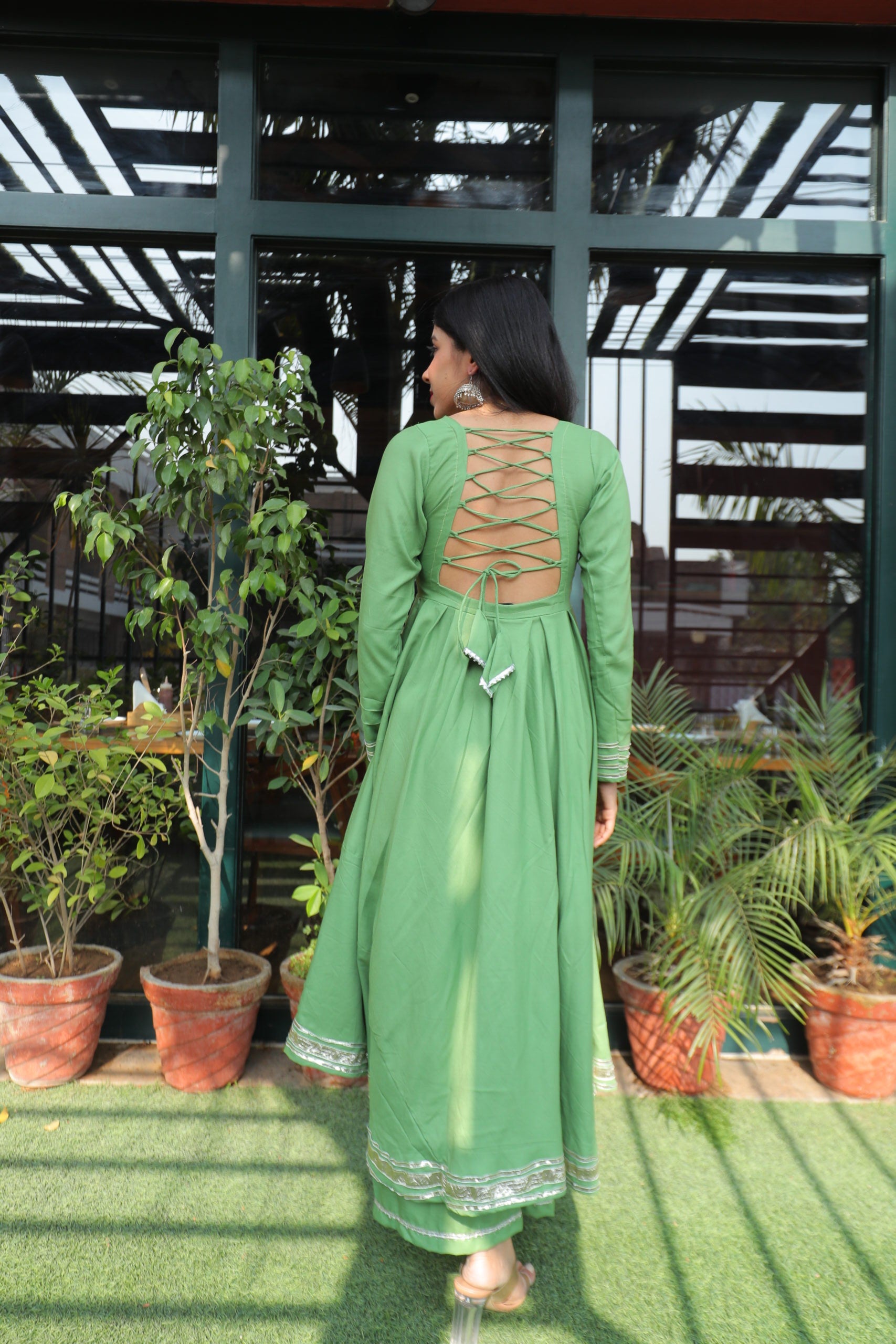 Backless Gota Work Green Anarkali Set