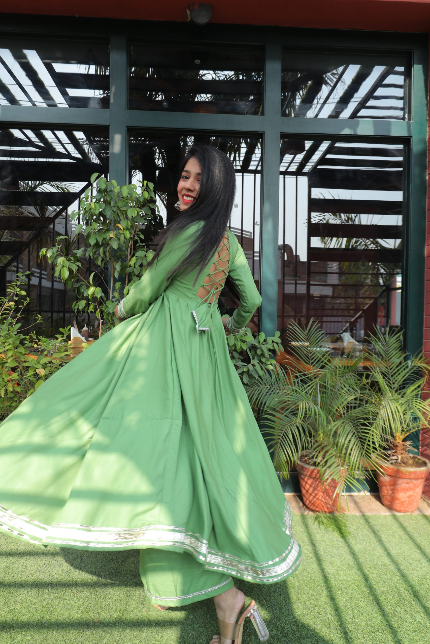 Backless Gota Work Green Anarkali Set