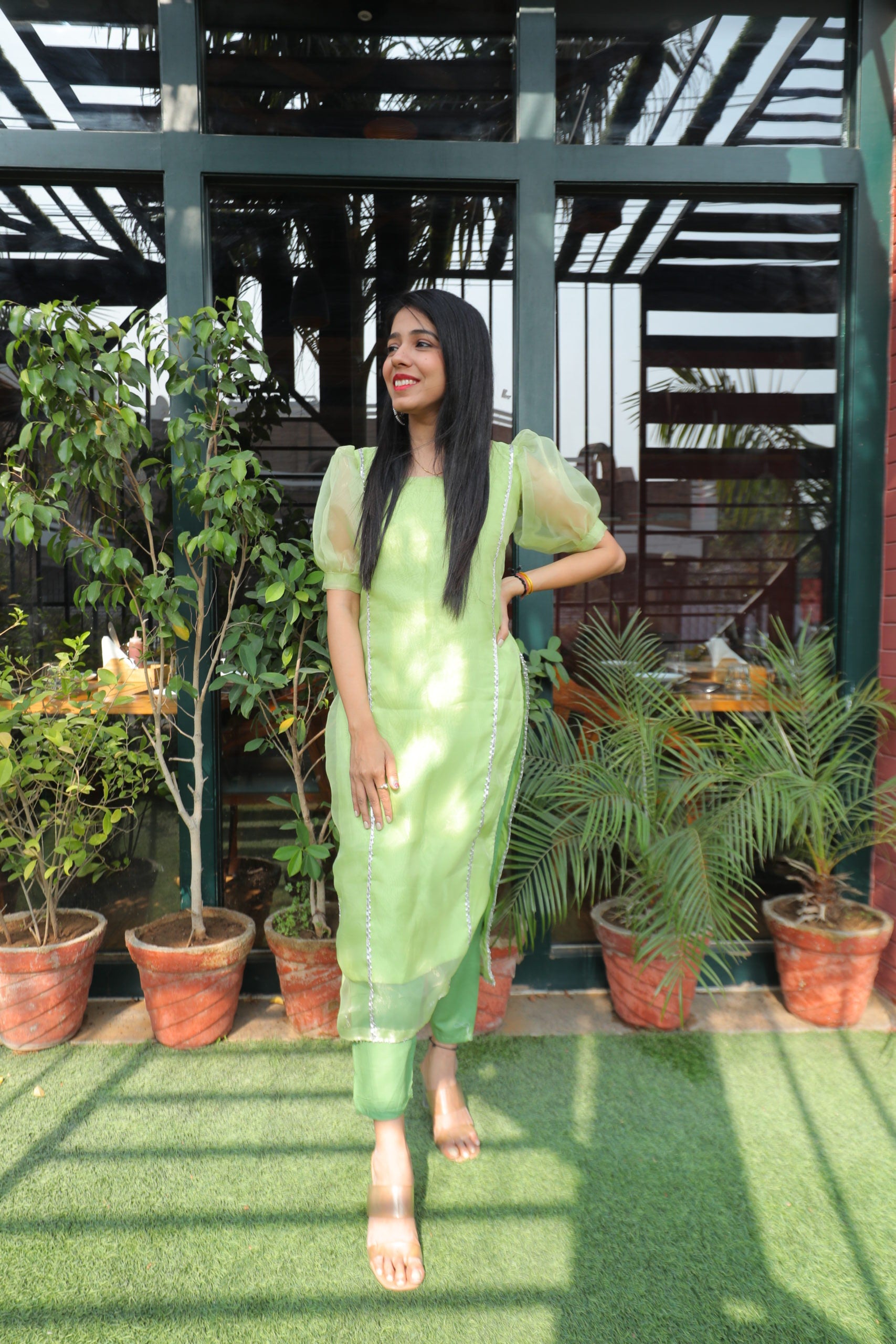 Green Organza Kurta Bottom Set