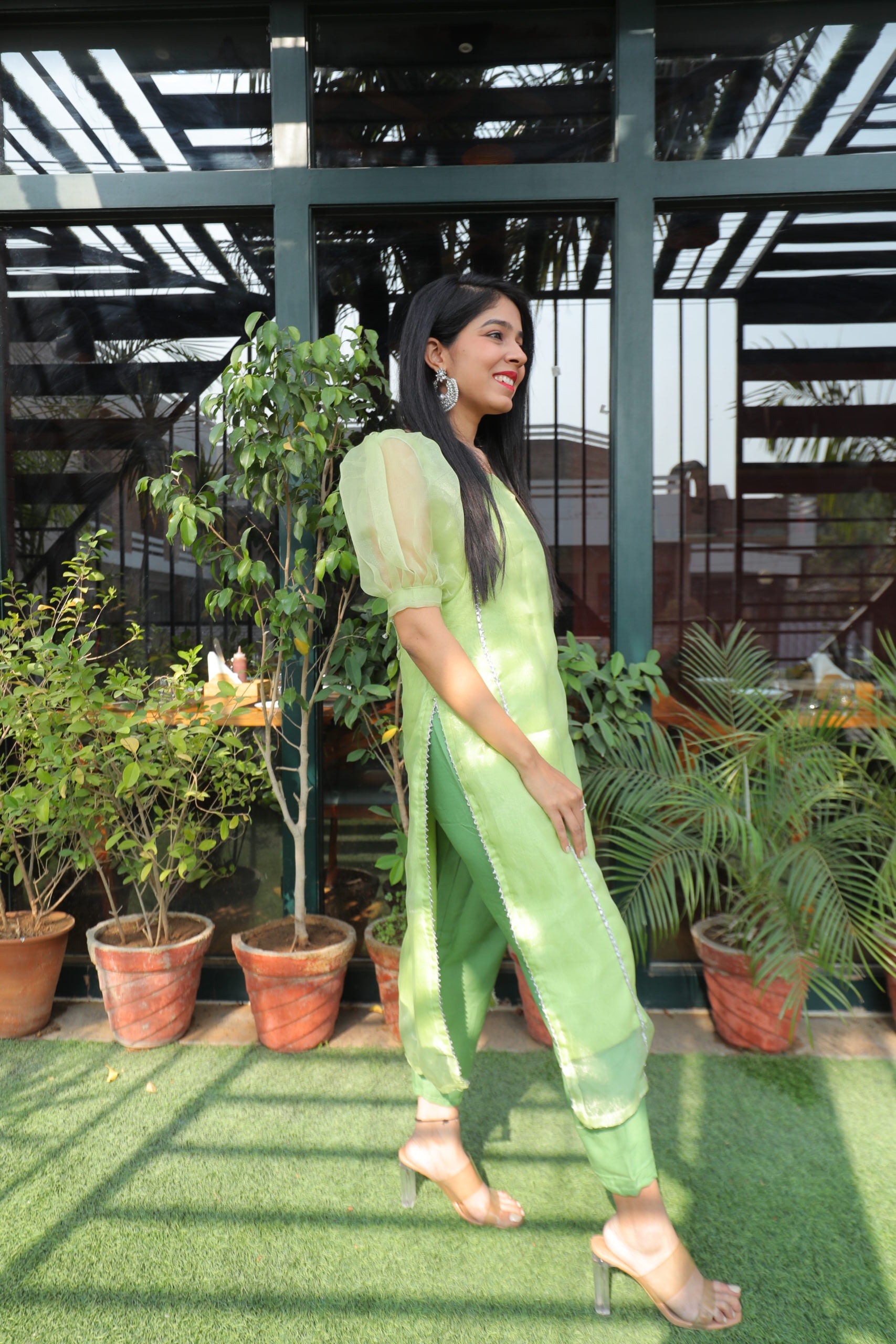 Green Organza Kurta Bottom Set