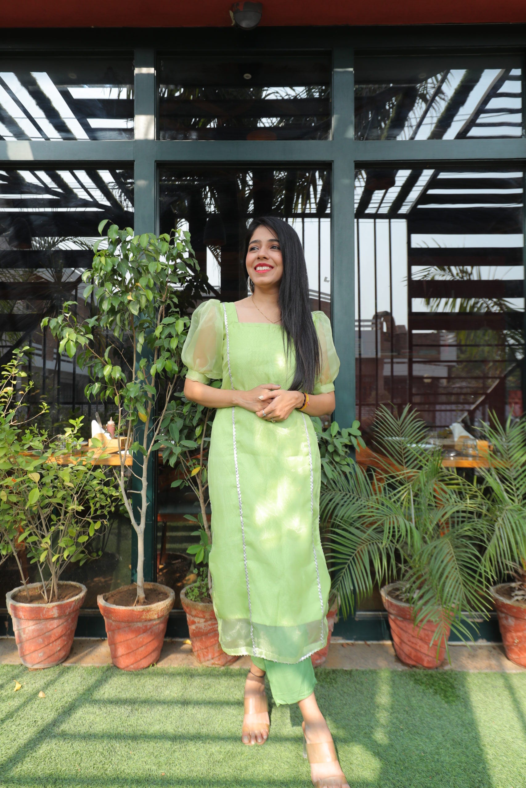 Green Organza Kurta Bottom Set