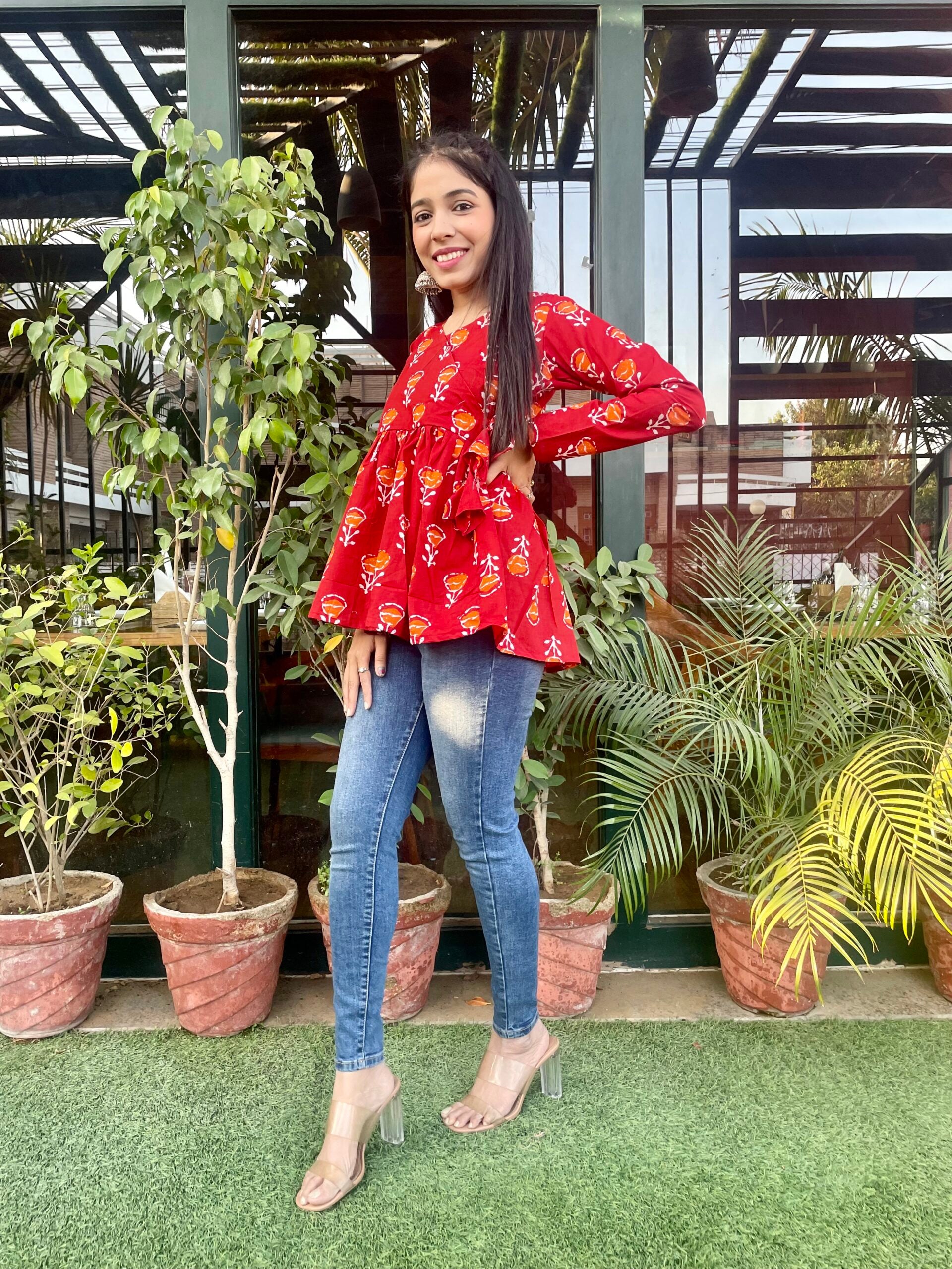 Red Floral Handblock Top