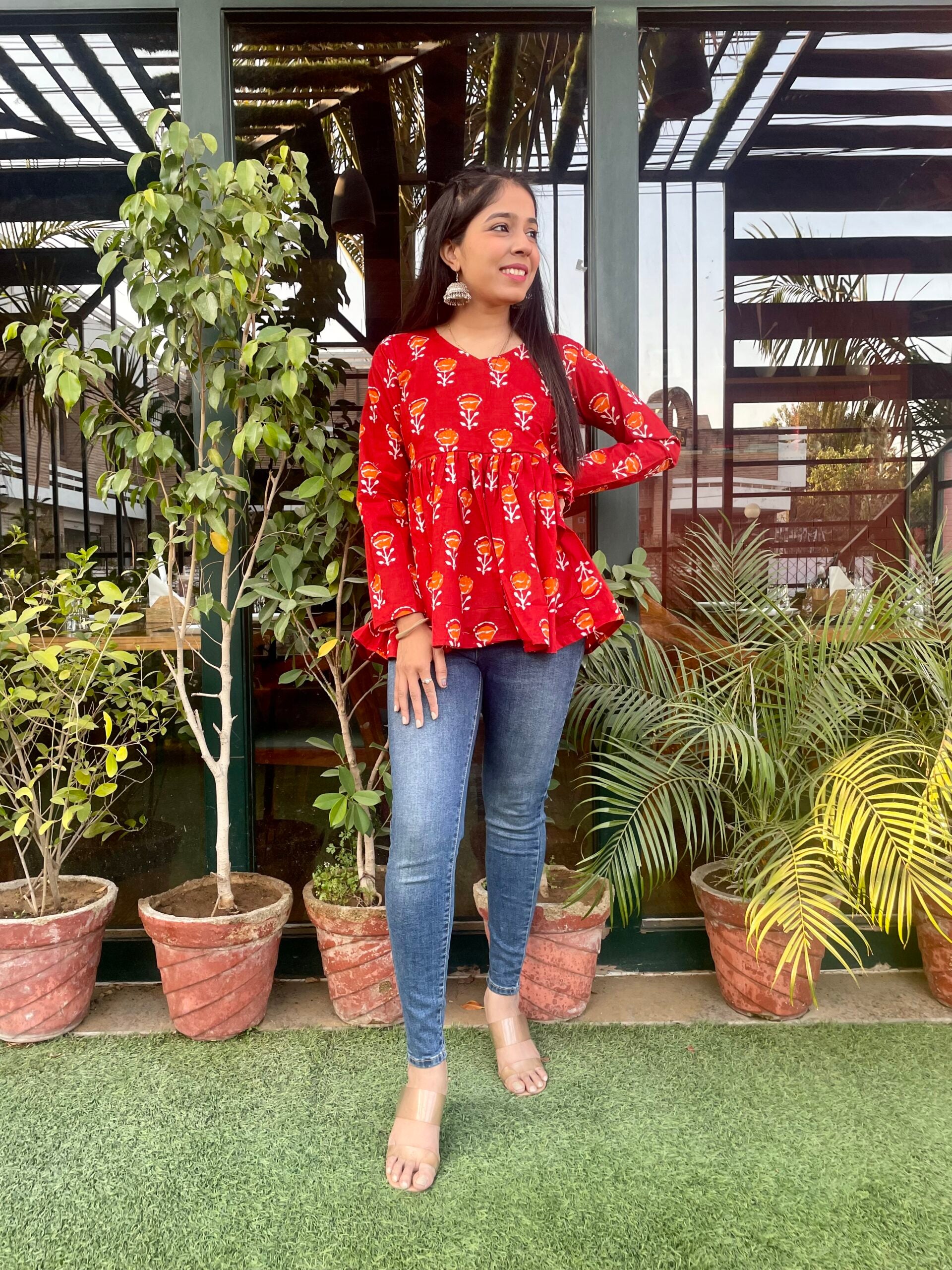 Red Floral Handblock Top