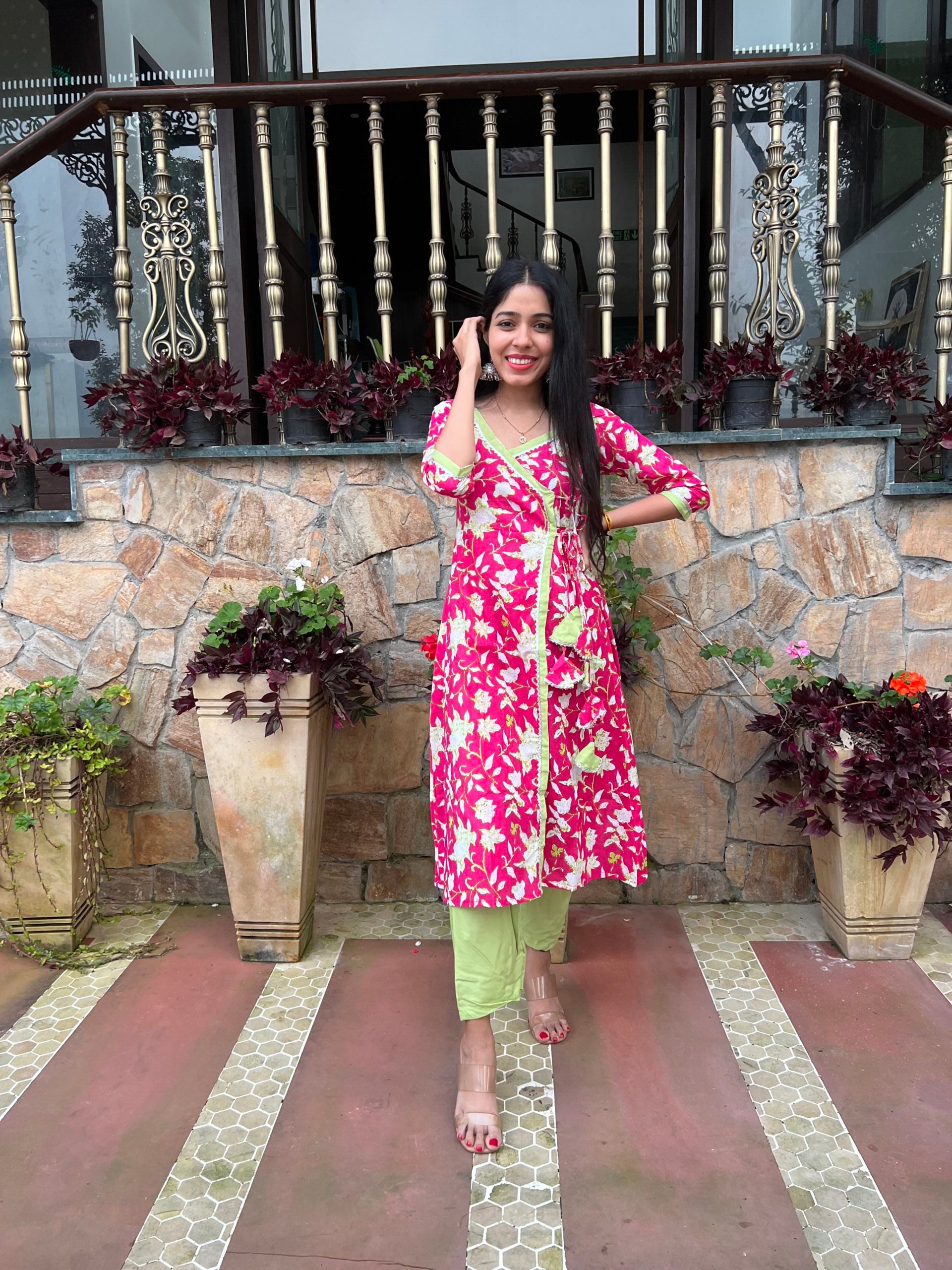 Pink Floral Handblocked Printed Wrap Kurta Set