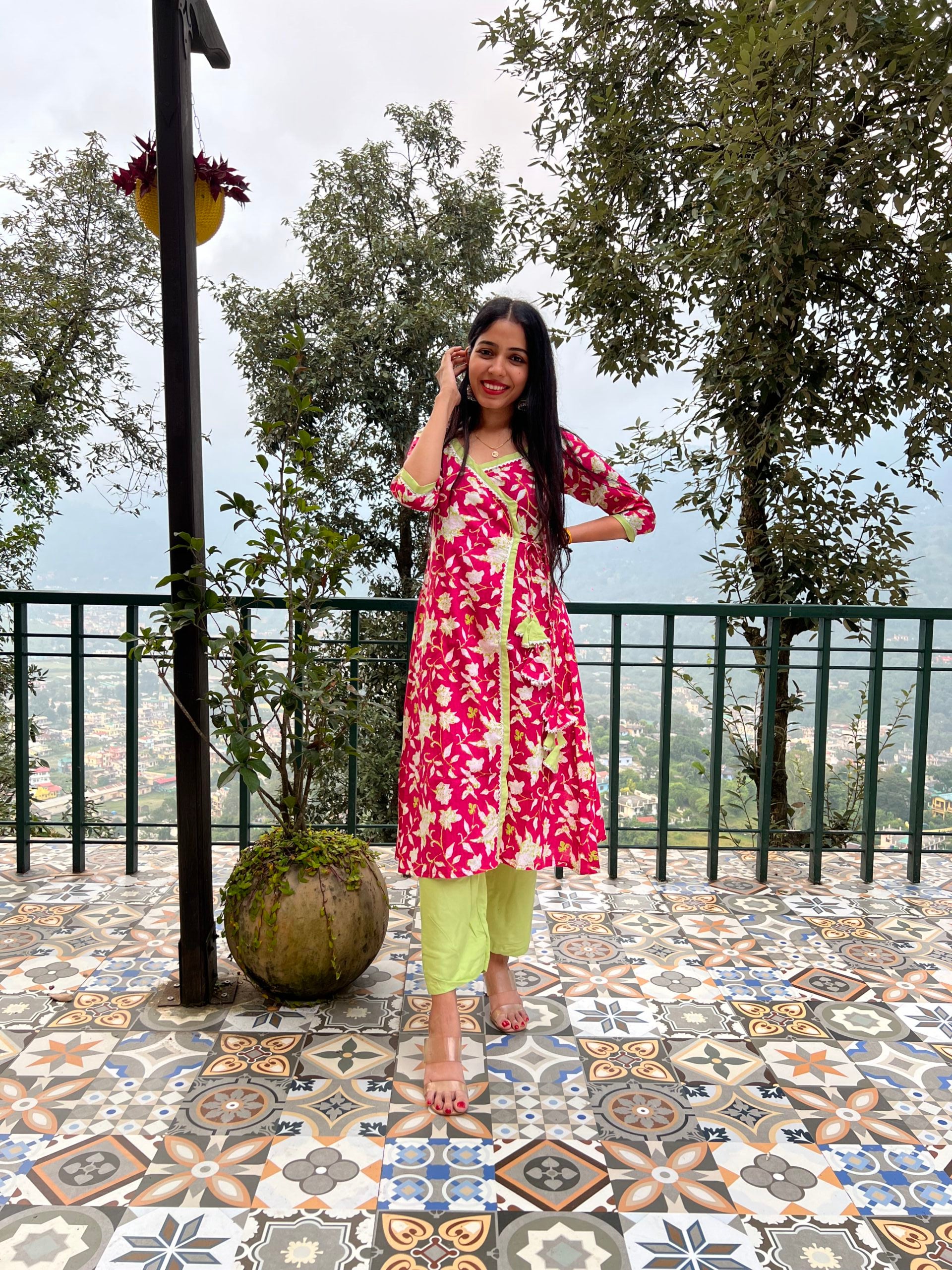 Pink Floral Handblocked Printed Wrap Kurta Set