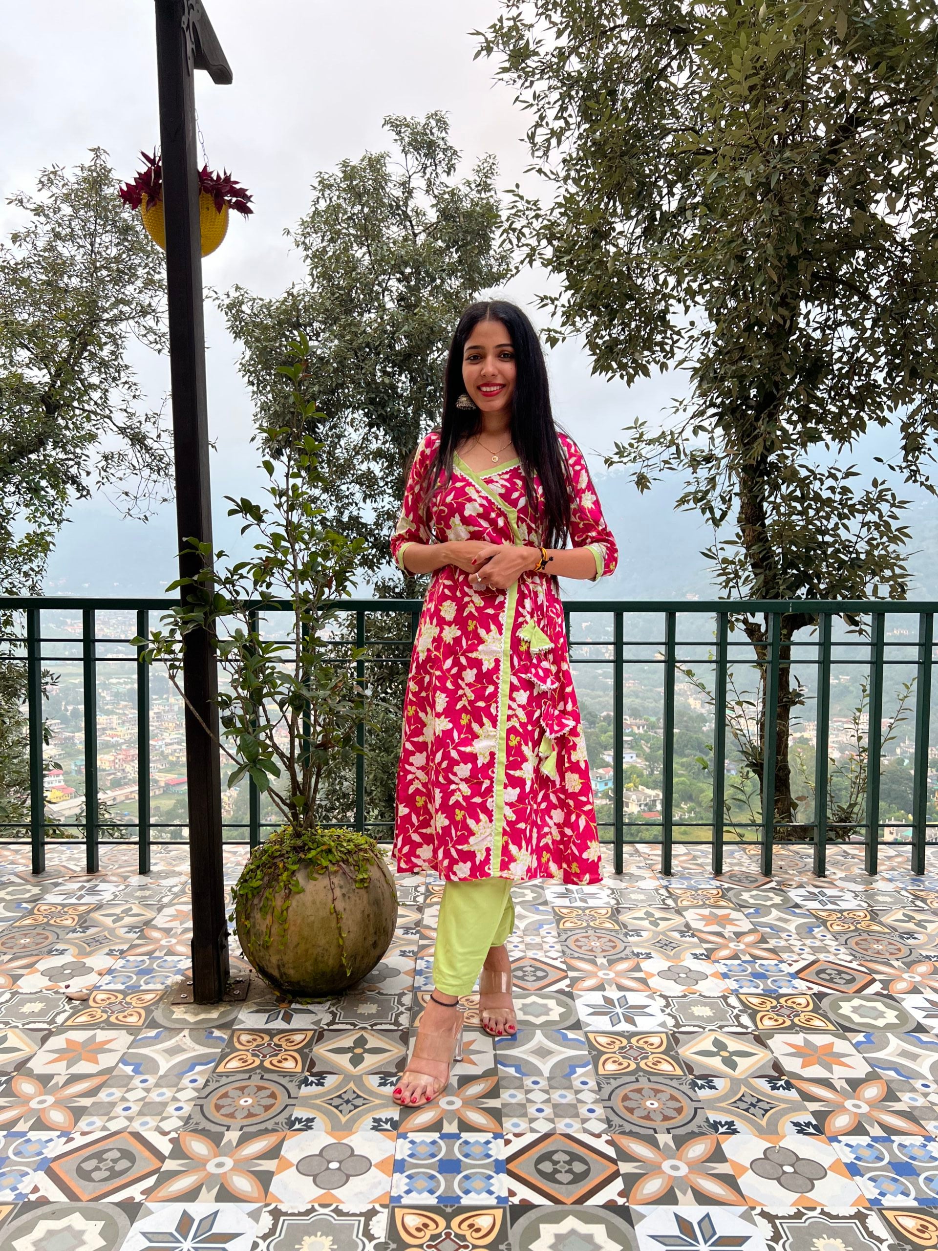 Pink Floral Handblocked Printed Wrap Kurta Set