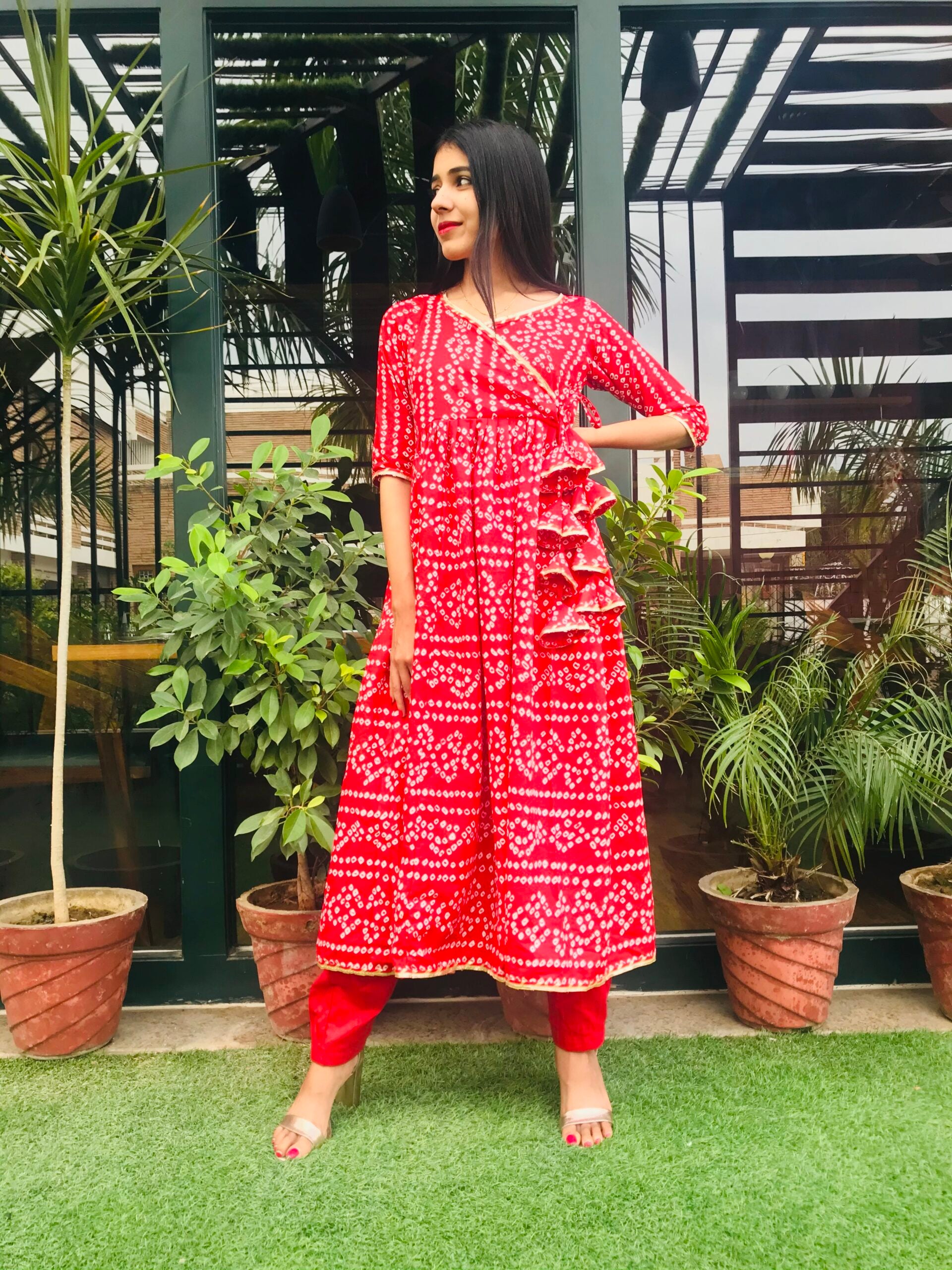 Red Bandhani Anarkali Kurta Pant set