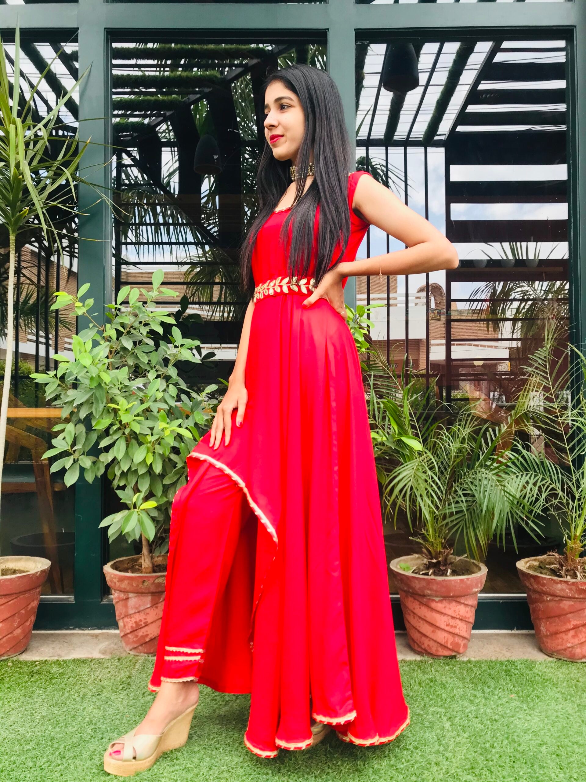 Designer Red Anarkali Gown with belt