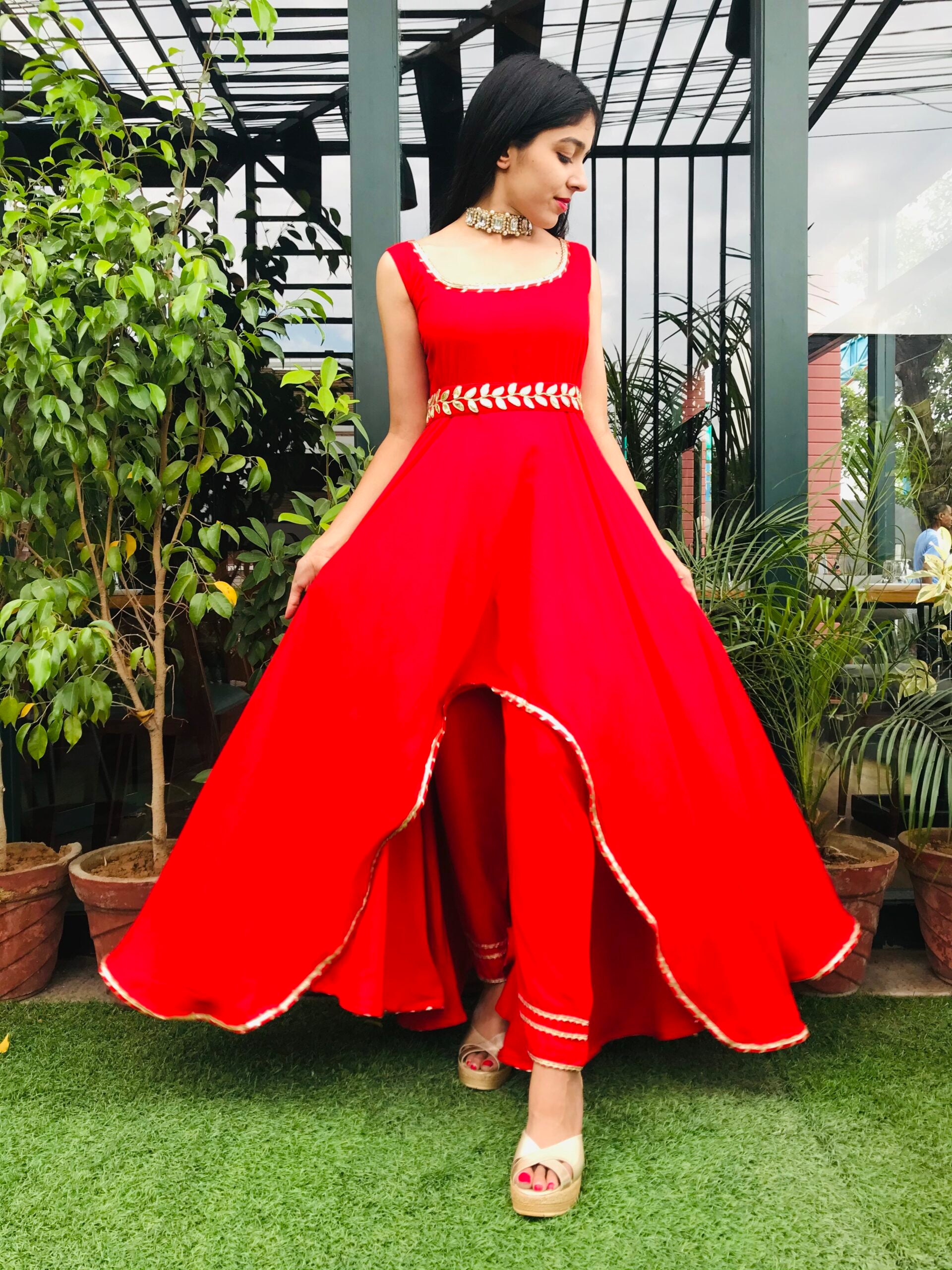 Designer Red Anarkali Gown with belt