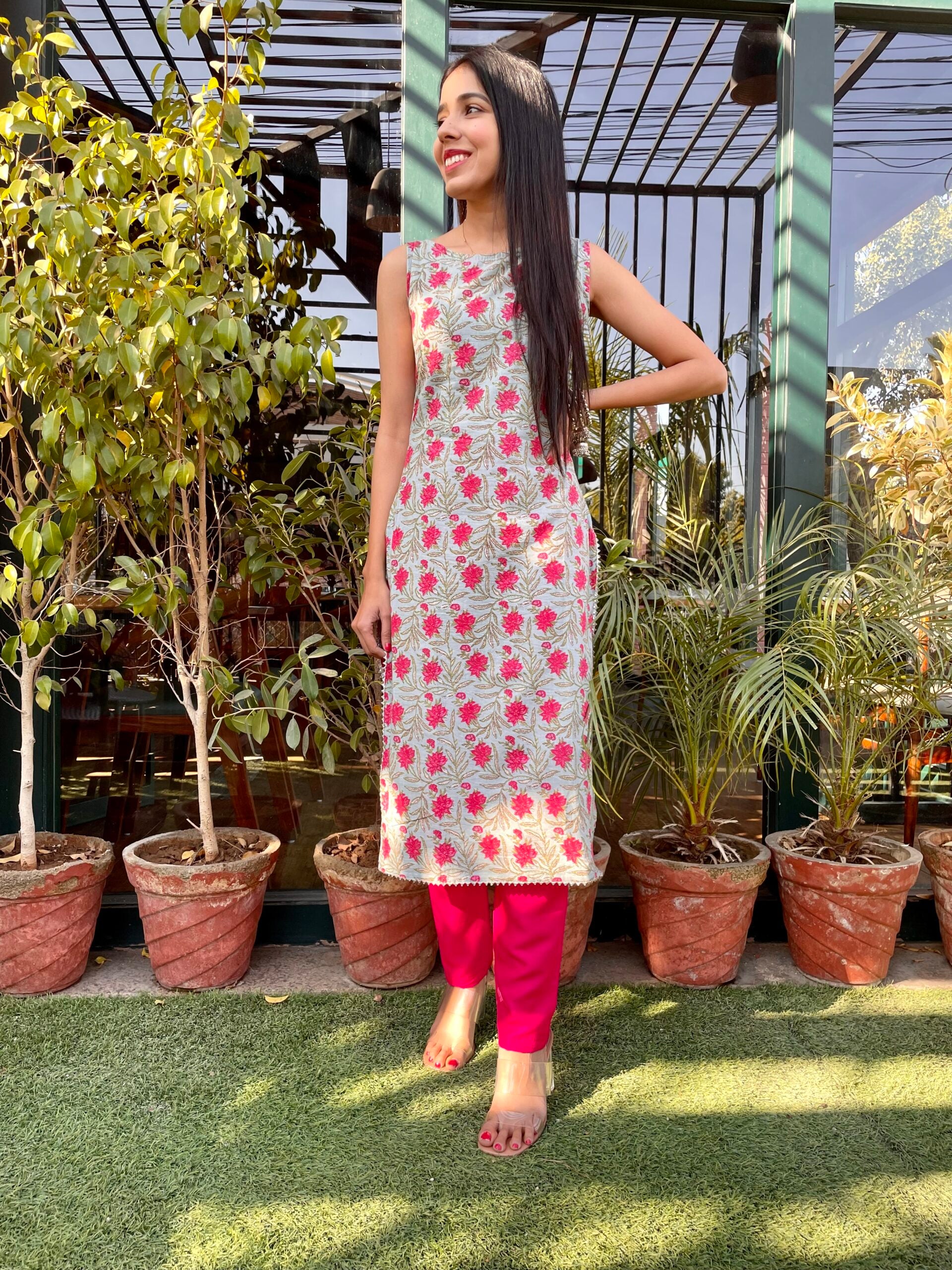 Pink Floral Printed Straight Kurta Set