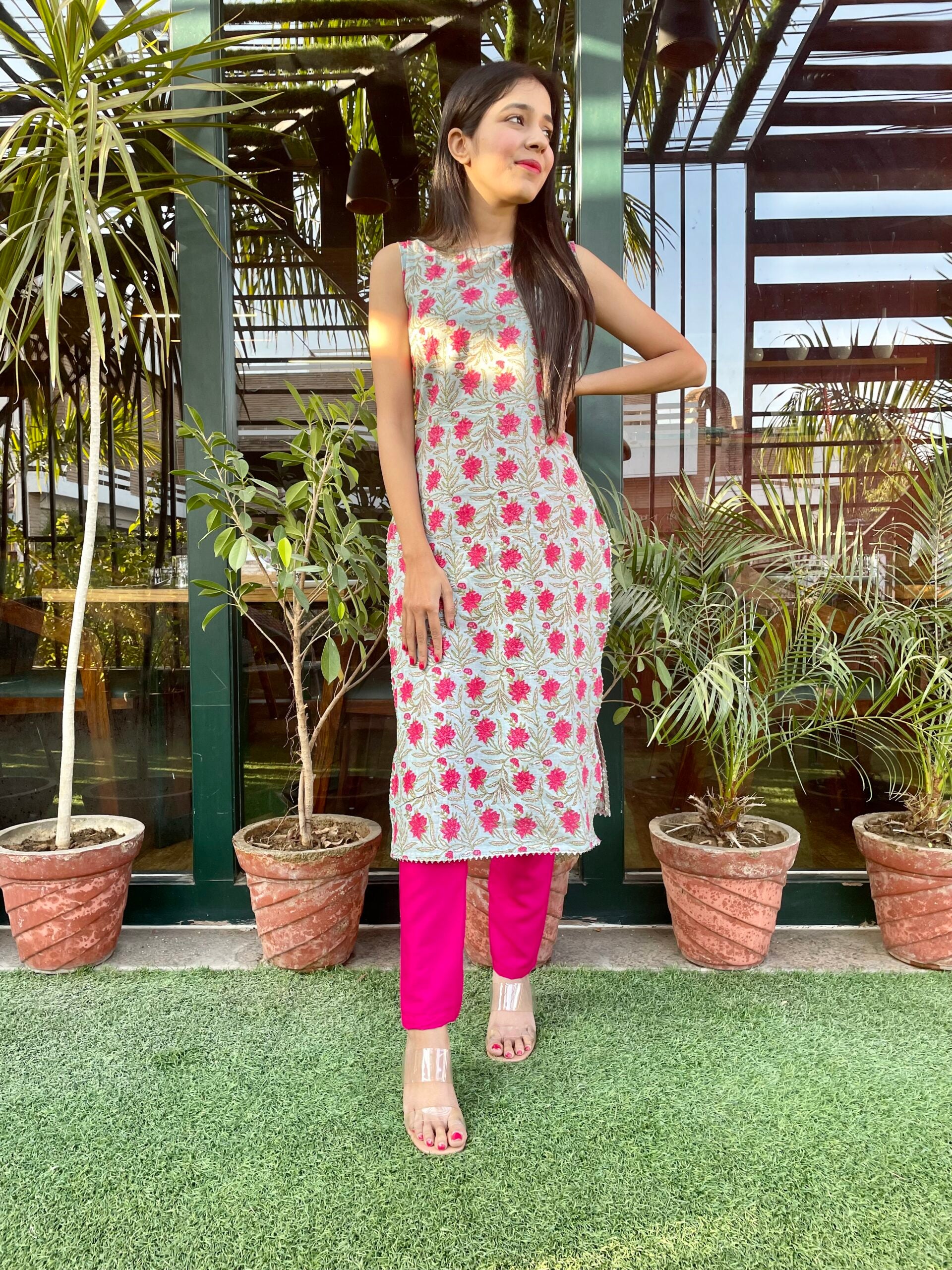 Pink Floral Printed Straight Kurta Set