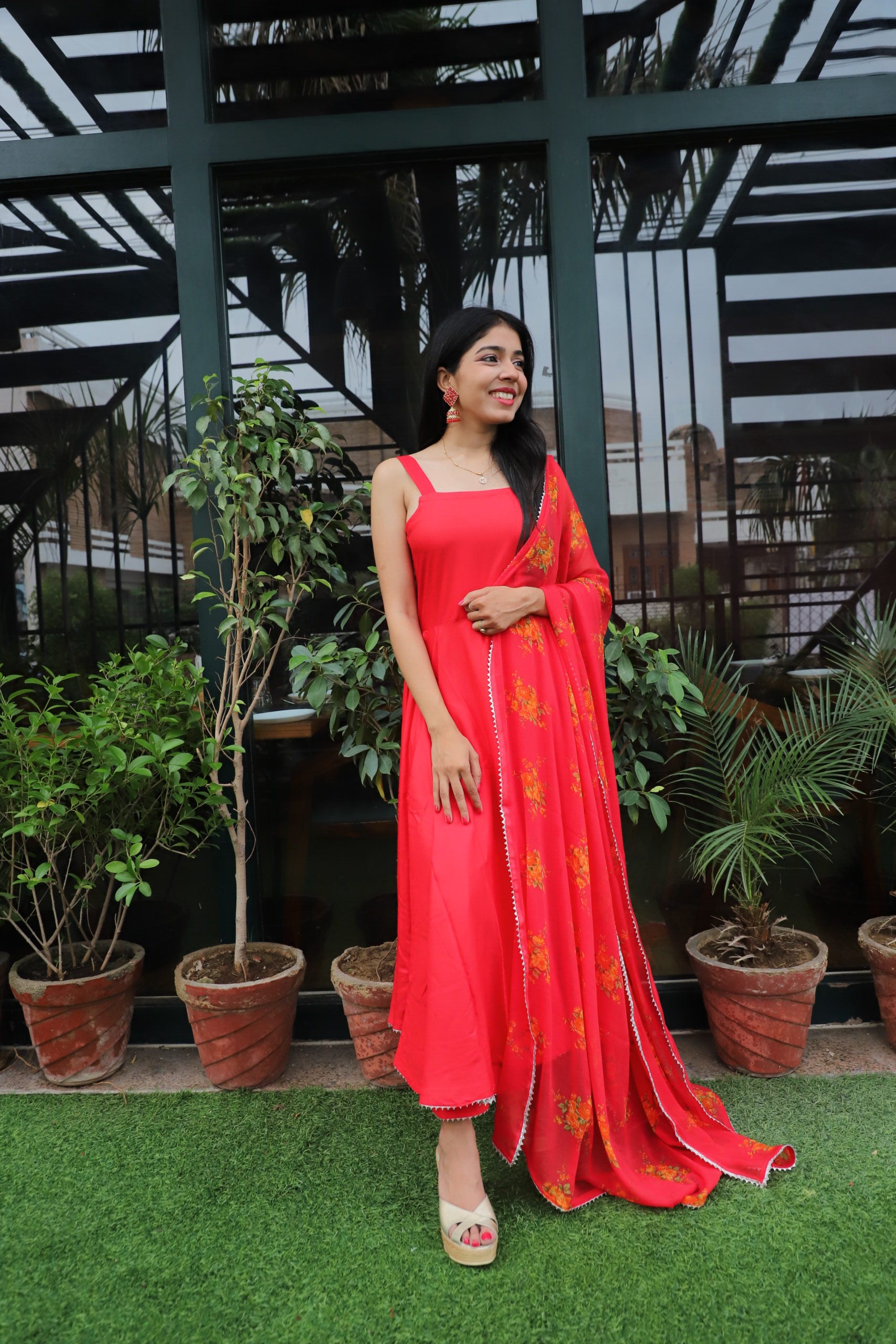 Red Floral Anarkali Set