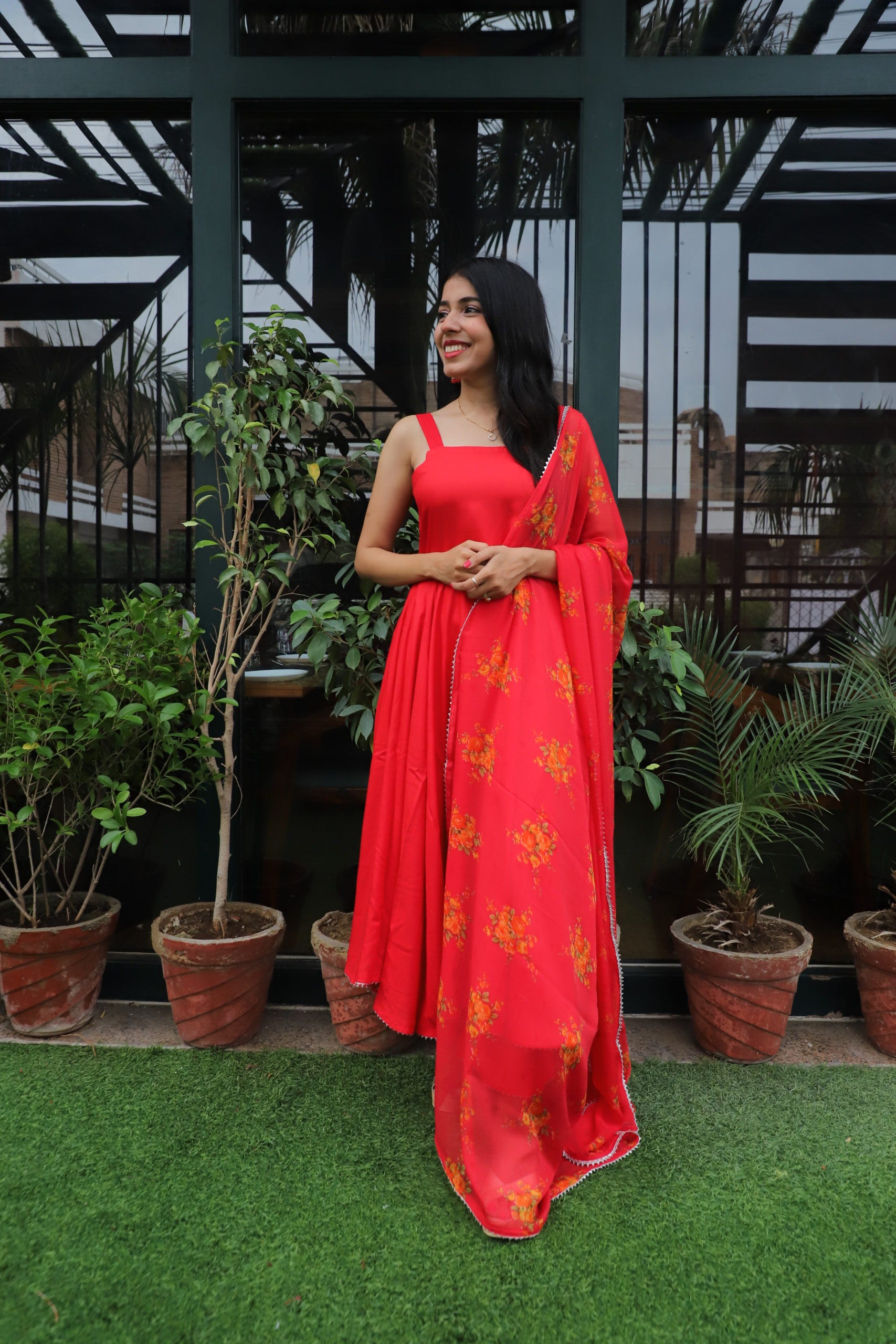 Red Floral Anarkali Set