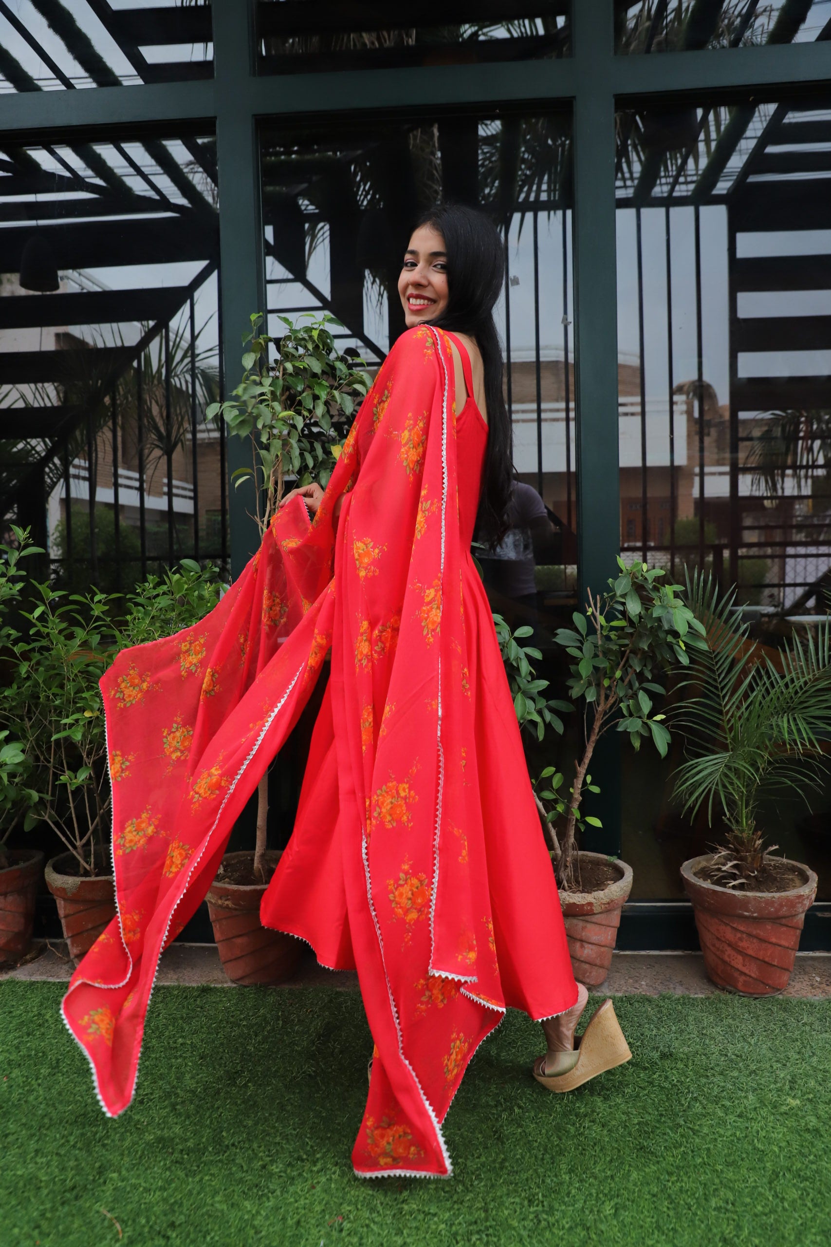 Red Floral Anarkali Set