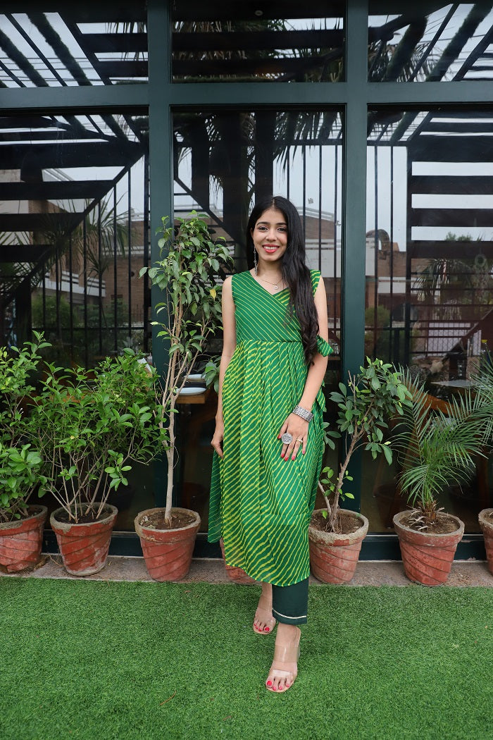 Green Double Shaded Leheriya Anarkali Set