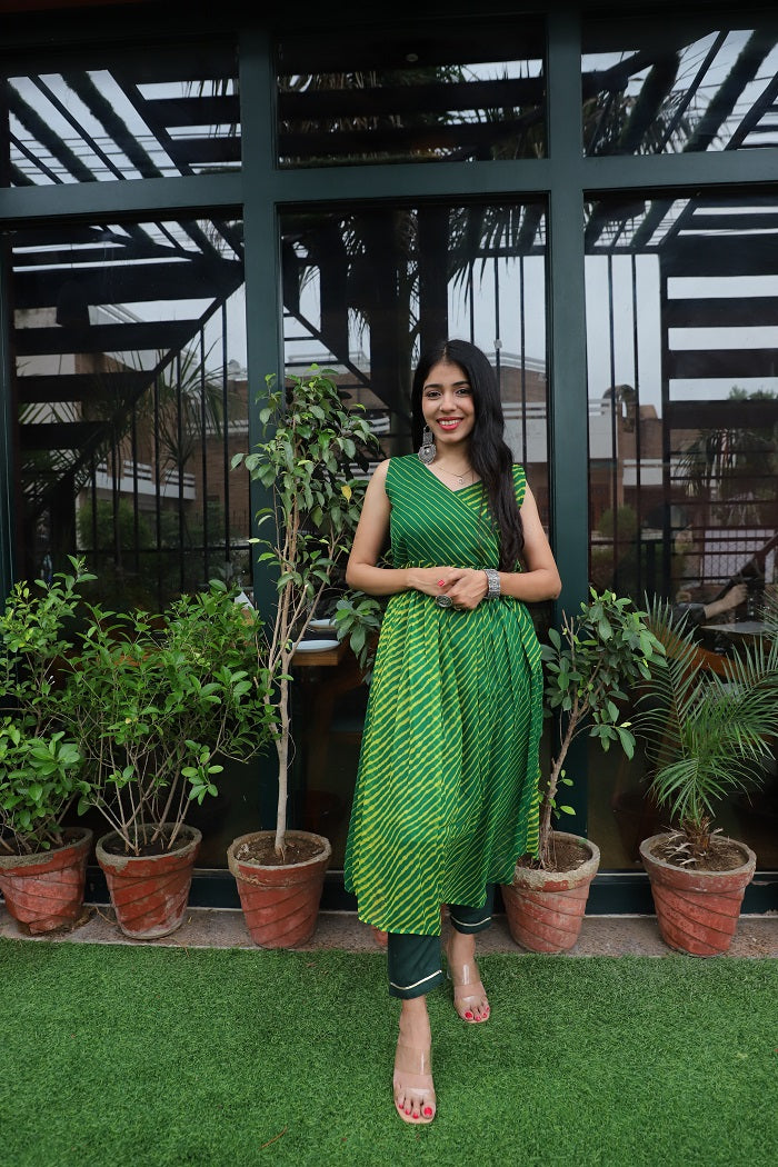 Green Double Shaded Leheriya Anarkali Set