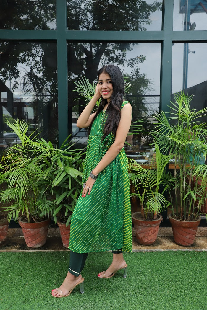 Green Double Shaded Leheriya Anarkali Set