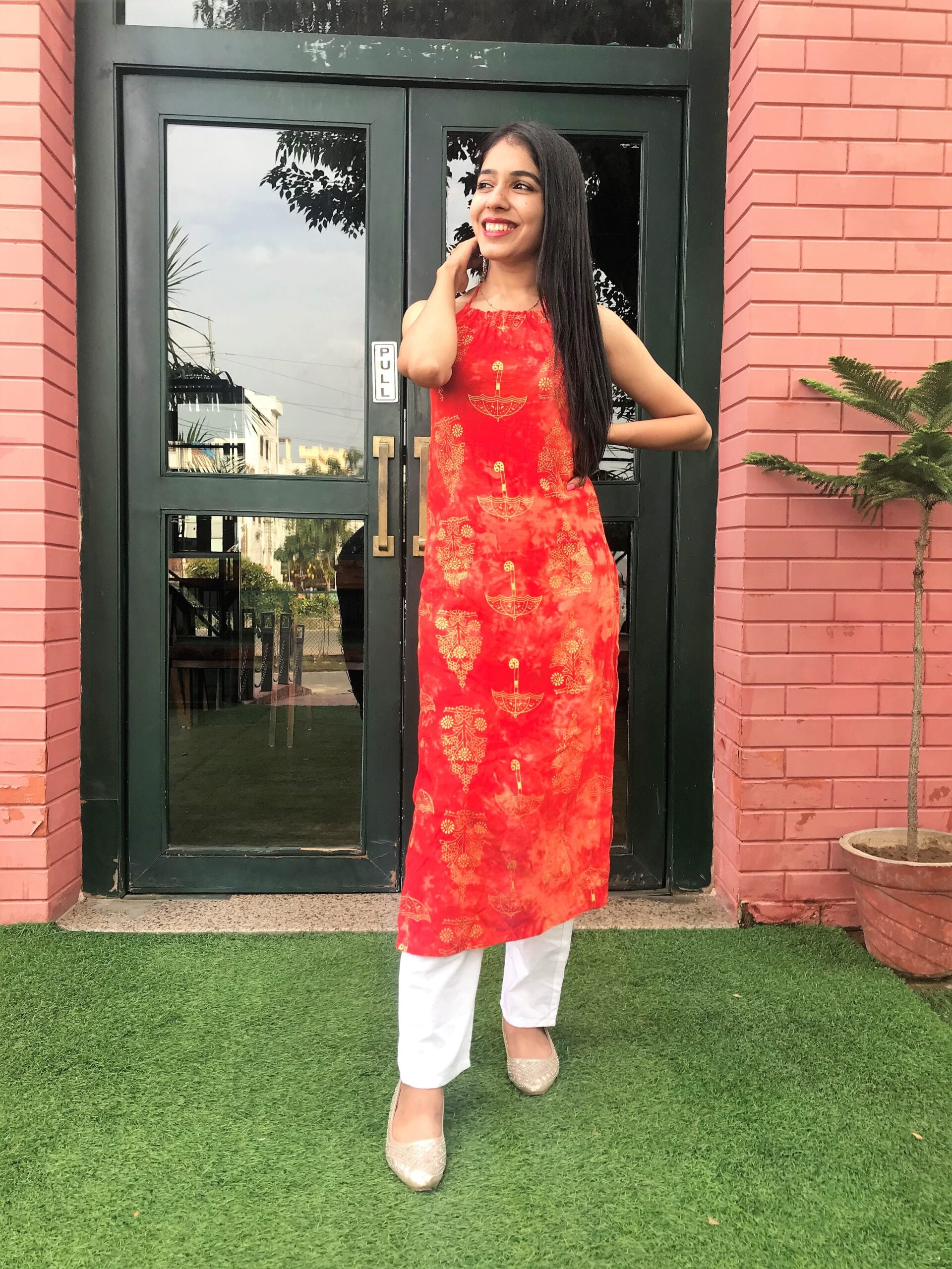 Orange Halter neck kurta Set